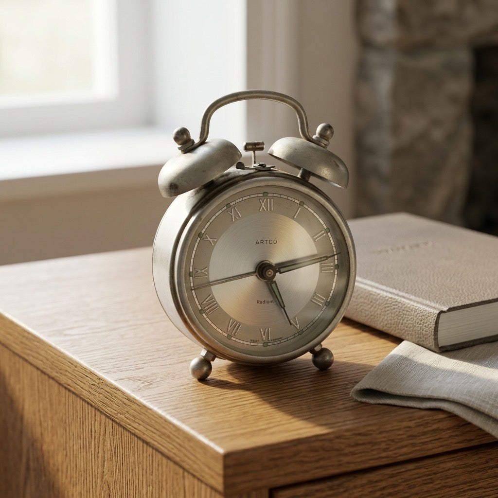 Vintage Artco Radium Wind-Up Alarm Clock — West Germany — detail view