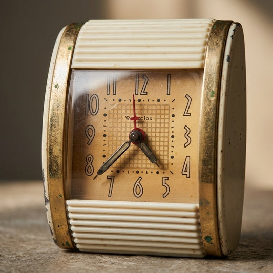 Vintage Westclox Travalarm Travel Clock — Ivory & Brass Trim — main view