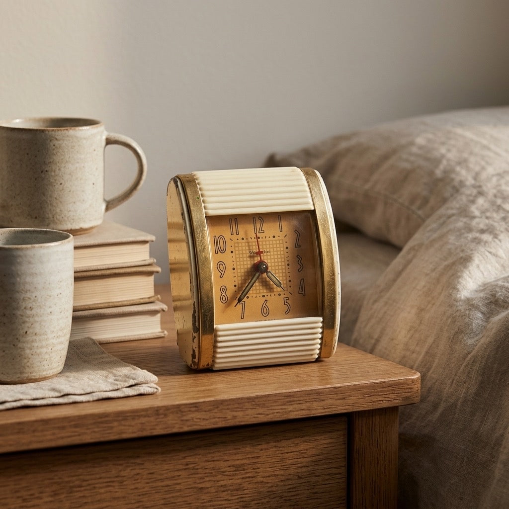 Vintage Westclox Travalarm Travel Clock — Ivory & Brass Trim — detail view
