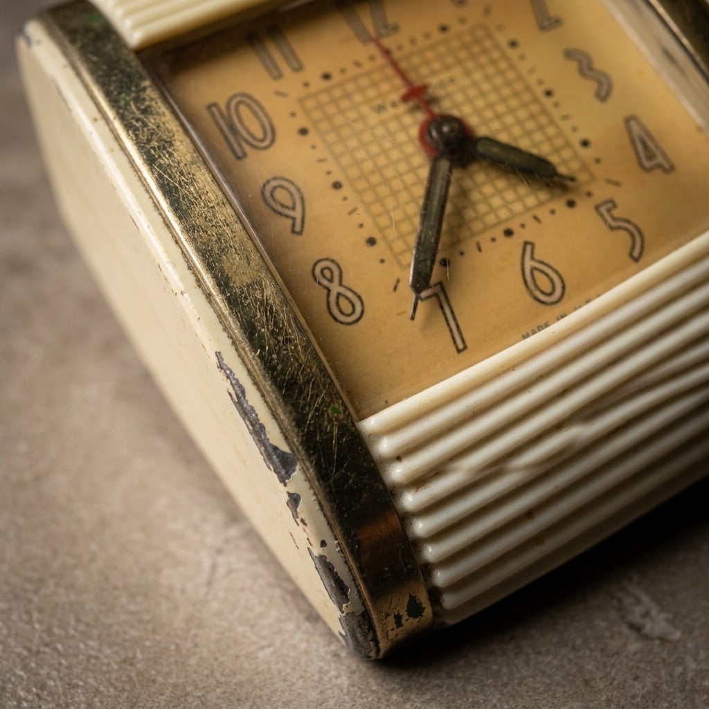 Vintage Westclox Travalarm Travel Clock — Ivory & Brass Trim — detail view