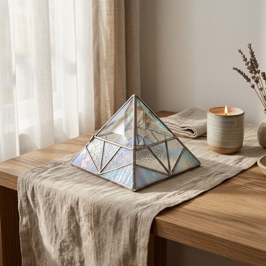 Stained Glass Pyramid Trinket Box — Crystal Display Holder — detail view