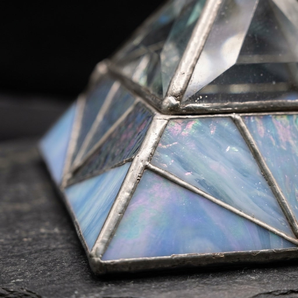 Stained Glass Pyramid Trinket Box — Crystal Display Holder — detail view