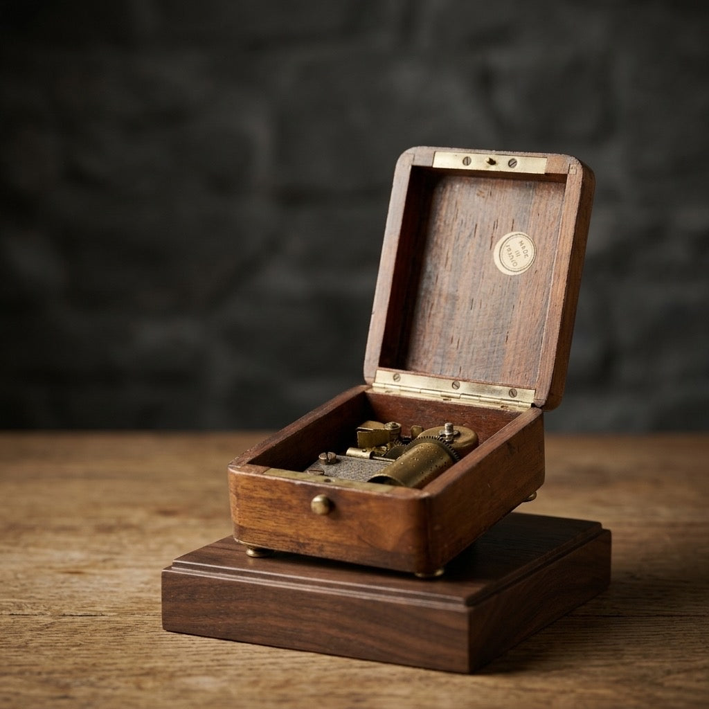 Vintage French Wooden Music Box — Brass Musical Movement — detail view