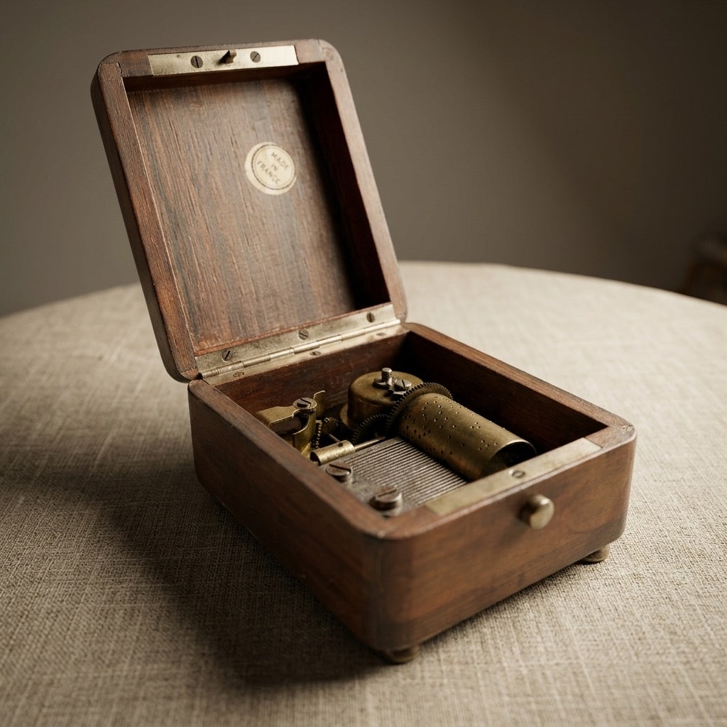 Vintage French Wooden Music Box — Brass Musical Movement — main view
