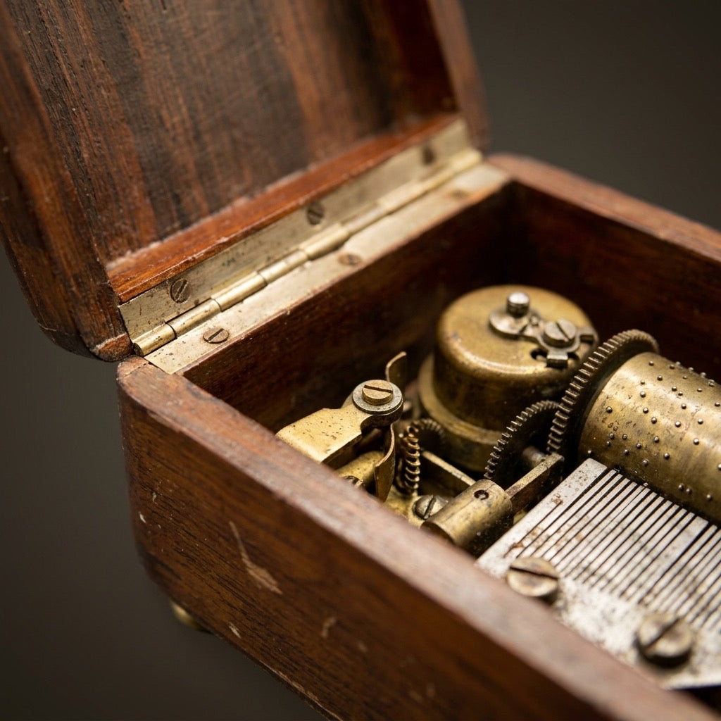 Vintage French Wooden Music Box — Brass Musical Movement — detail view