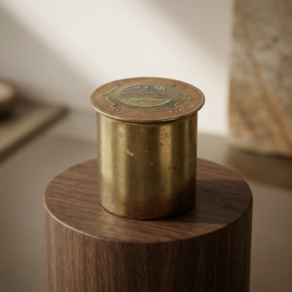 Vintage Brass Cigarette Container — Southwestern Cloisonné Enamel Lid — detail view