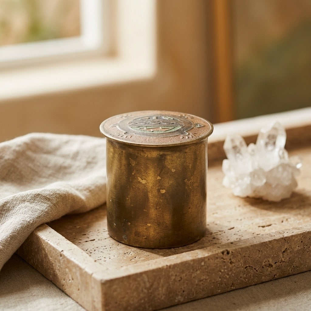 Vintage Brass Cigarette Container — Southwestern Cloisonné Enamel Lid — detail view