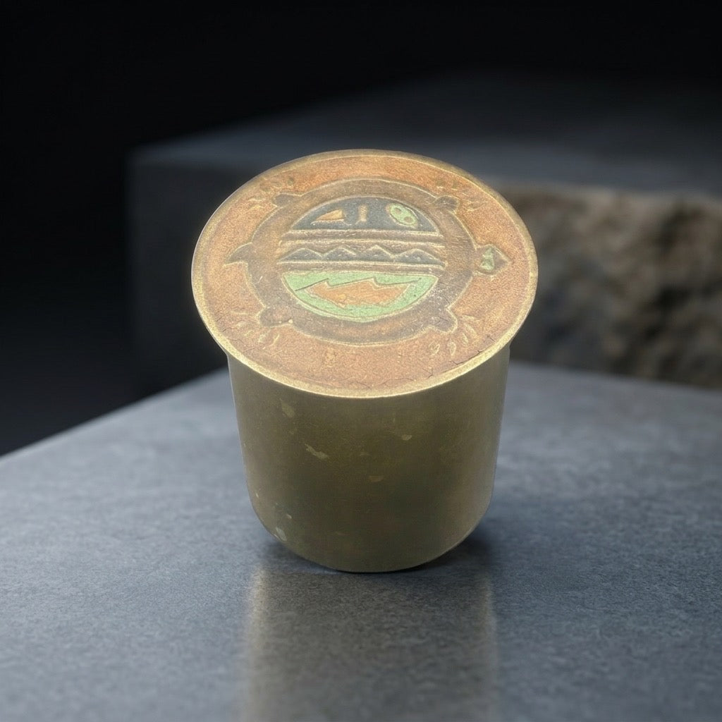 Vintage Brass Cigarette Container — Southwestern Cloisonné Enamel Lid — main view