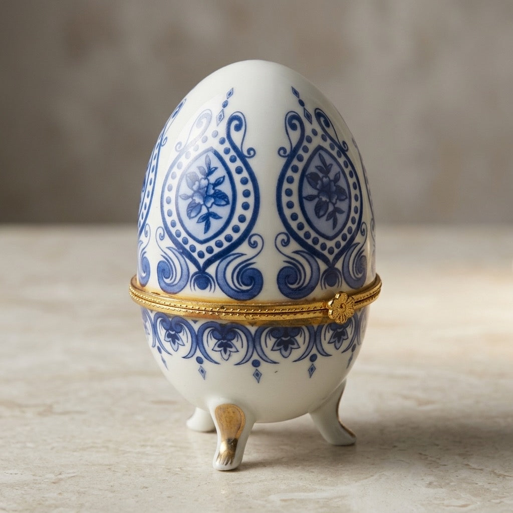 Vintage Blue & White Porcelain Egg Trinket Box — Floral Hinged Keepsake — detail view
