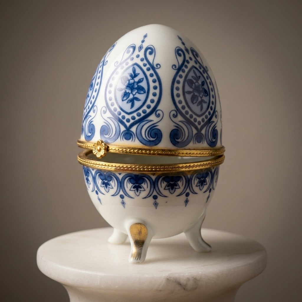 Vintage Blue & White Porcelain Egg Trinket Box — Floral Hinged Keepsake — main view