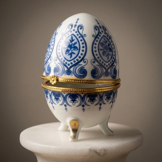Vintage Blue & White Porcelain Egg Trinket Box — Floral Hinged Keepsake — main view