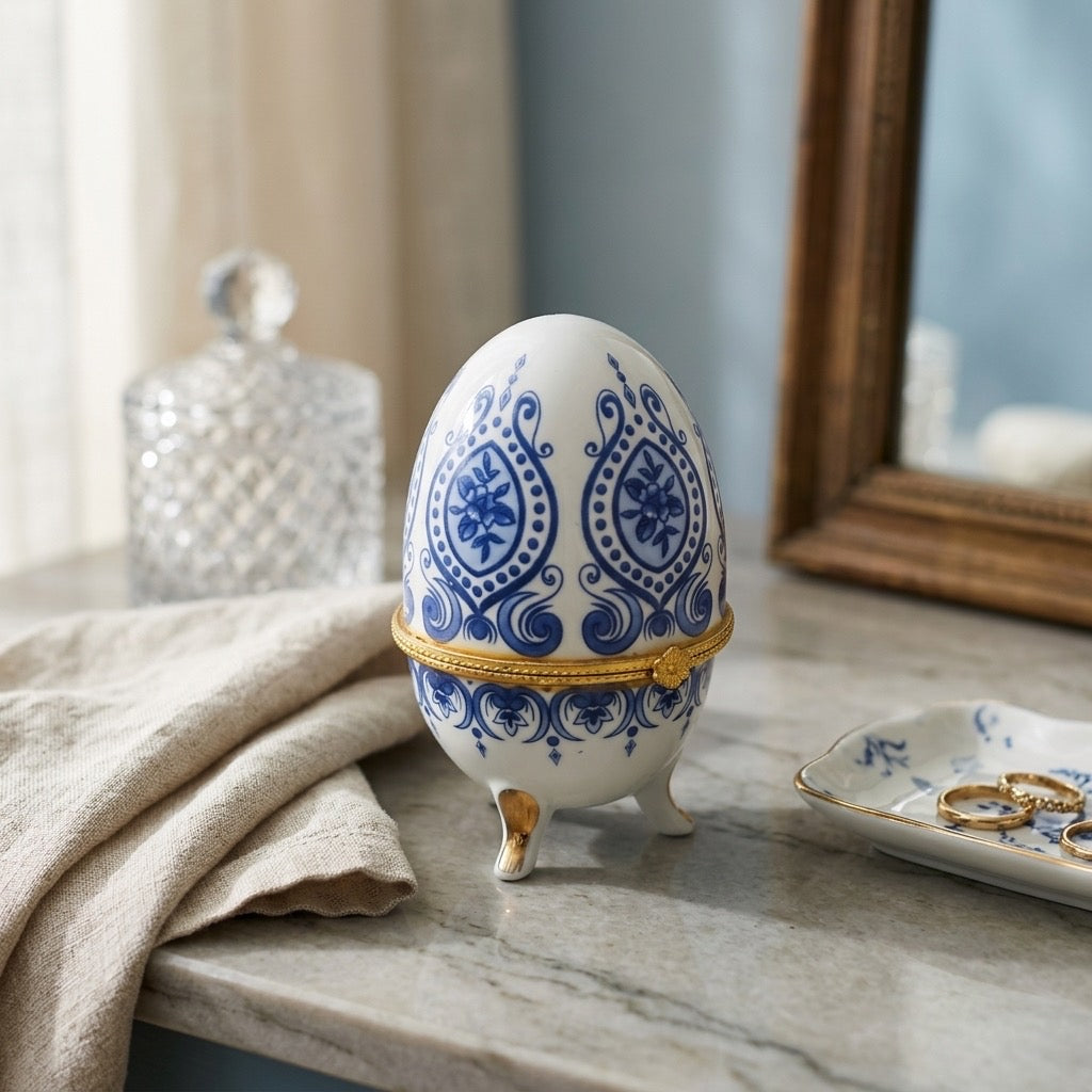 Vintage Blue & White Porcelain Egg Trinket Box — Floral Hinged Keepsake — detail view