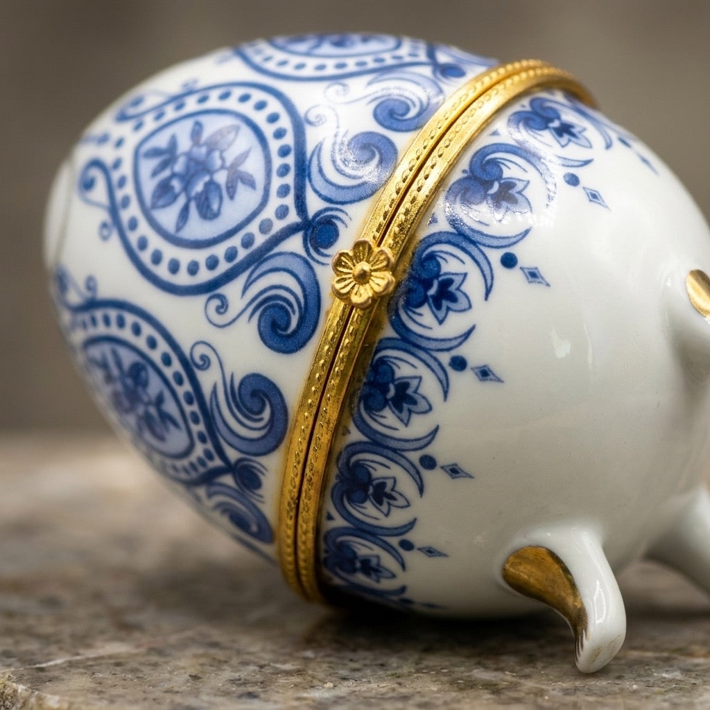 Vintage Blue & White Porcelain Egg Trinket Box — Floral Hinged Keepsake — detail view