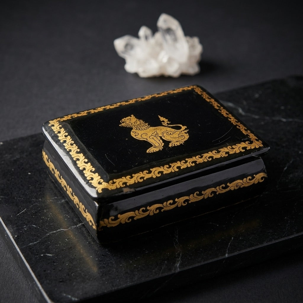 Vintage Thai Black Lacquer Trinket Box — Gold Leaf Foo Dog Motif — main view