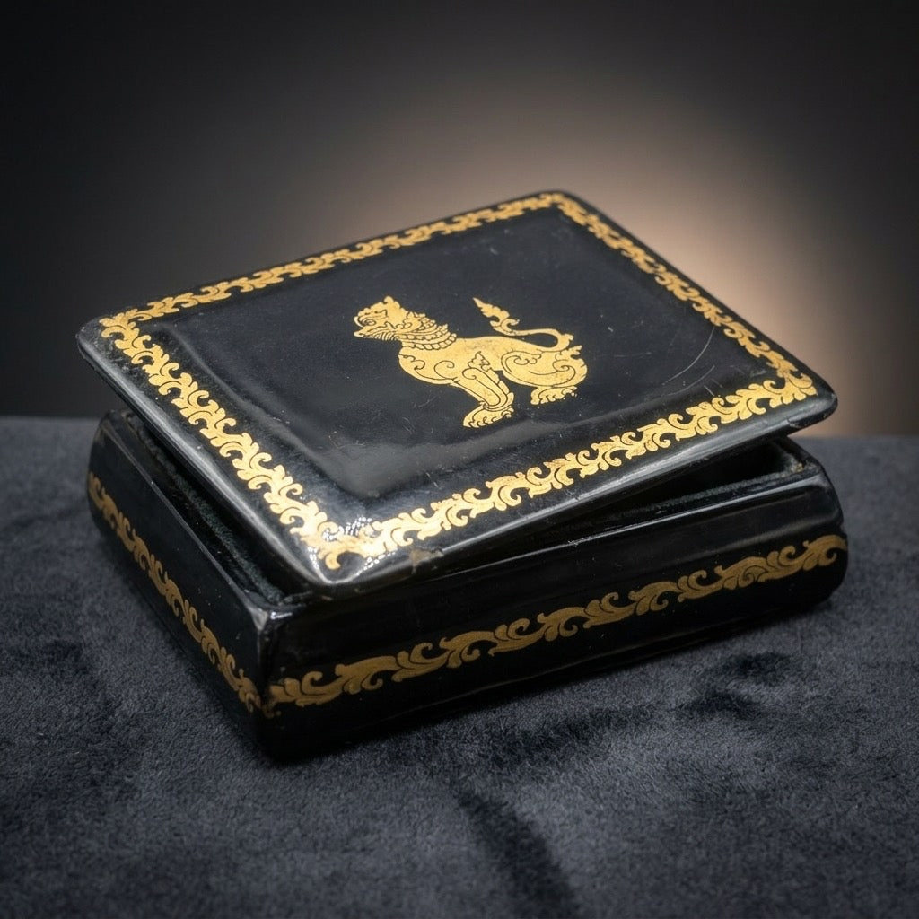 Vintage Thai Black Lacquer Trinket Box — Gold Leaf Foo Dog Motif — detail view