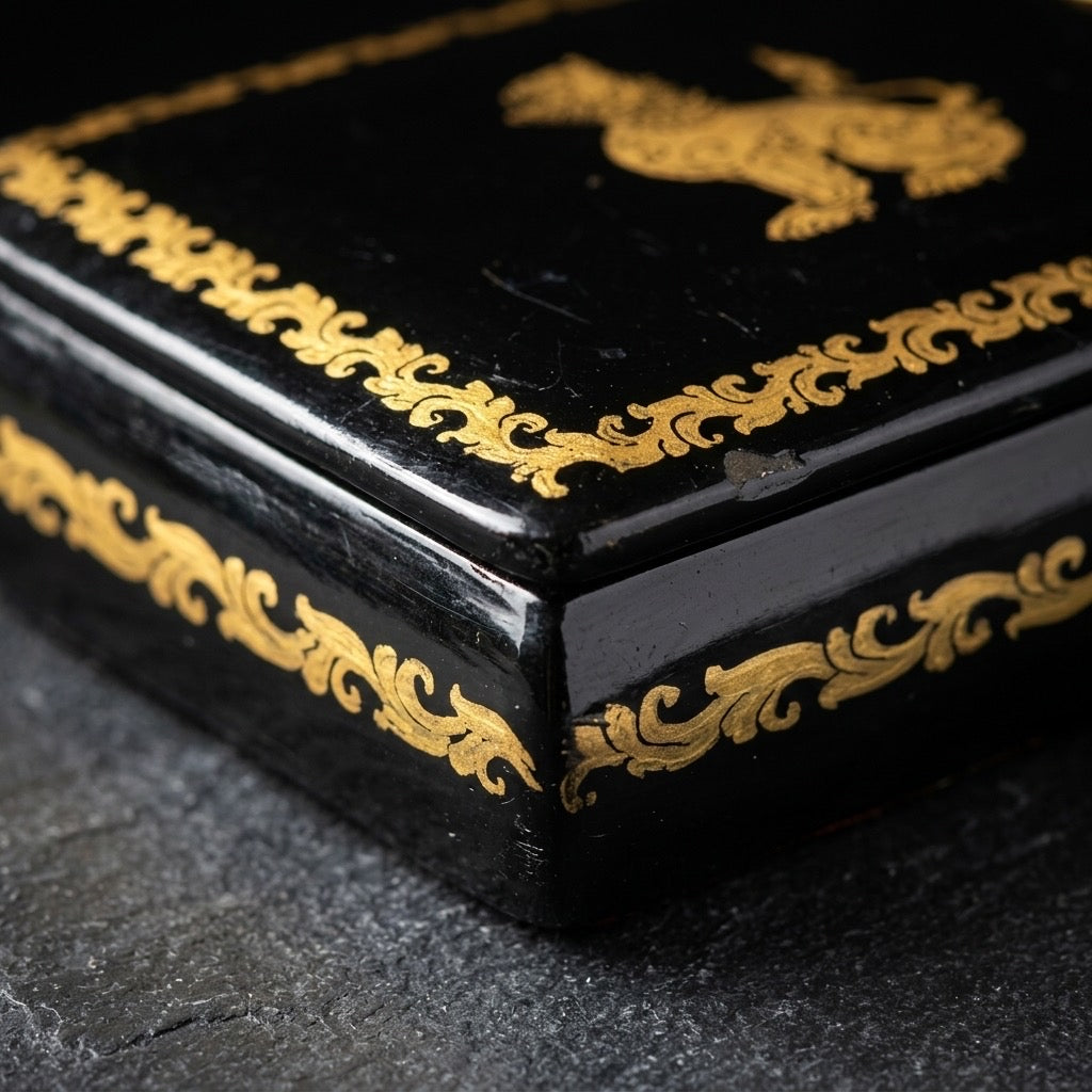 Vintage Thai Black Lacquer Trinket Box — Gold Leaf Foo Dog Motif — detail view