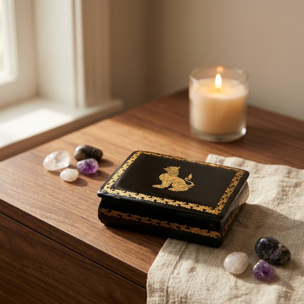 Vintage Thai Black Lacquer Trinket Box — Gold Leaf Foo Dog Motif — detail view