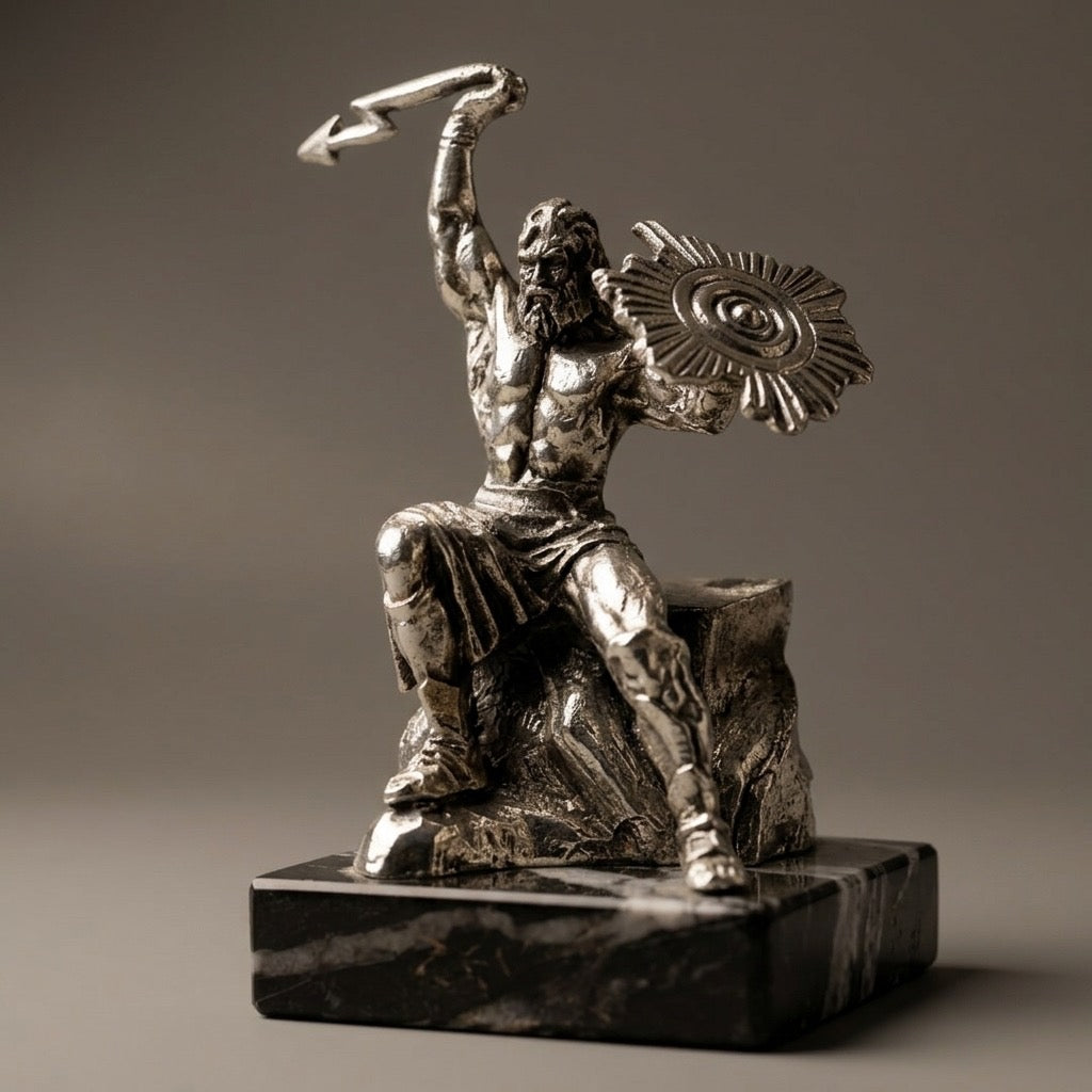 Silver Plated Zeus Figurine — Greek Mythology Seated God Statue — main view