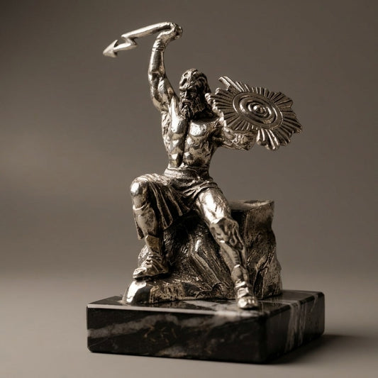 Silver Plated Zeus Figurine — Greek Mythology Seated God Statue — main view