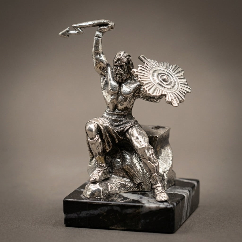 Silver Plated Zeus Figurine — Greek Mythology Seated God Statue — detail view
