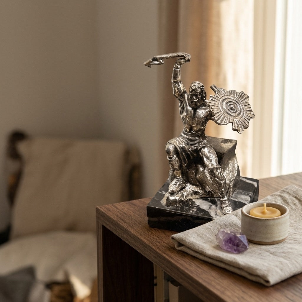 Silver Plated Zeus Figurine — Greek Mythology Seated God Statue — detail view