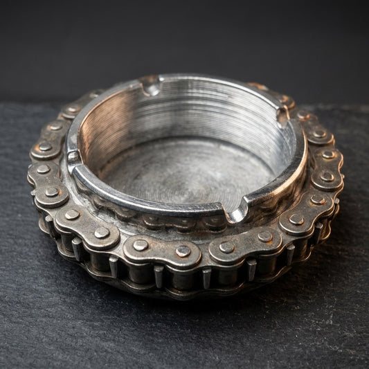 Vintage Motorcycle Chain Metal Ashtray — Industrial Biker Decor — main view