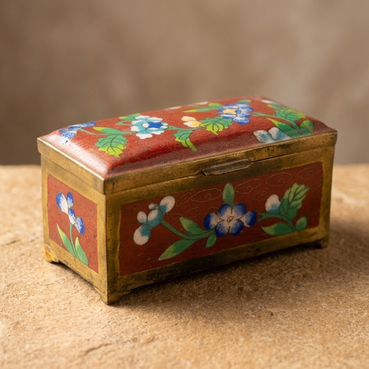 Vintage Chinese Cloisonné Red Enamel Floral Trinket Box — Brass Hinged Lid — main view