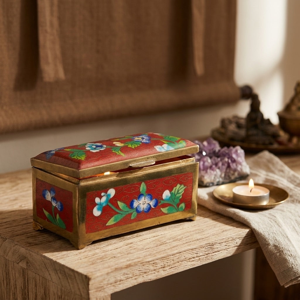 Vintage Chinese Cloisonné Red Enamel Floral Trinket Box — Brass Hinged Lid — detail view