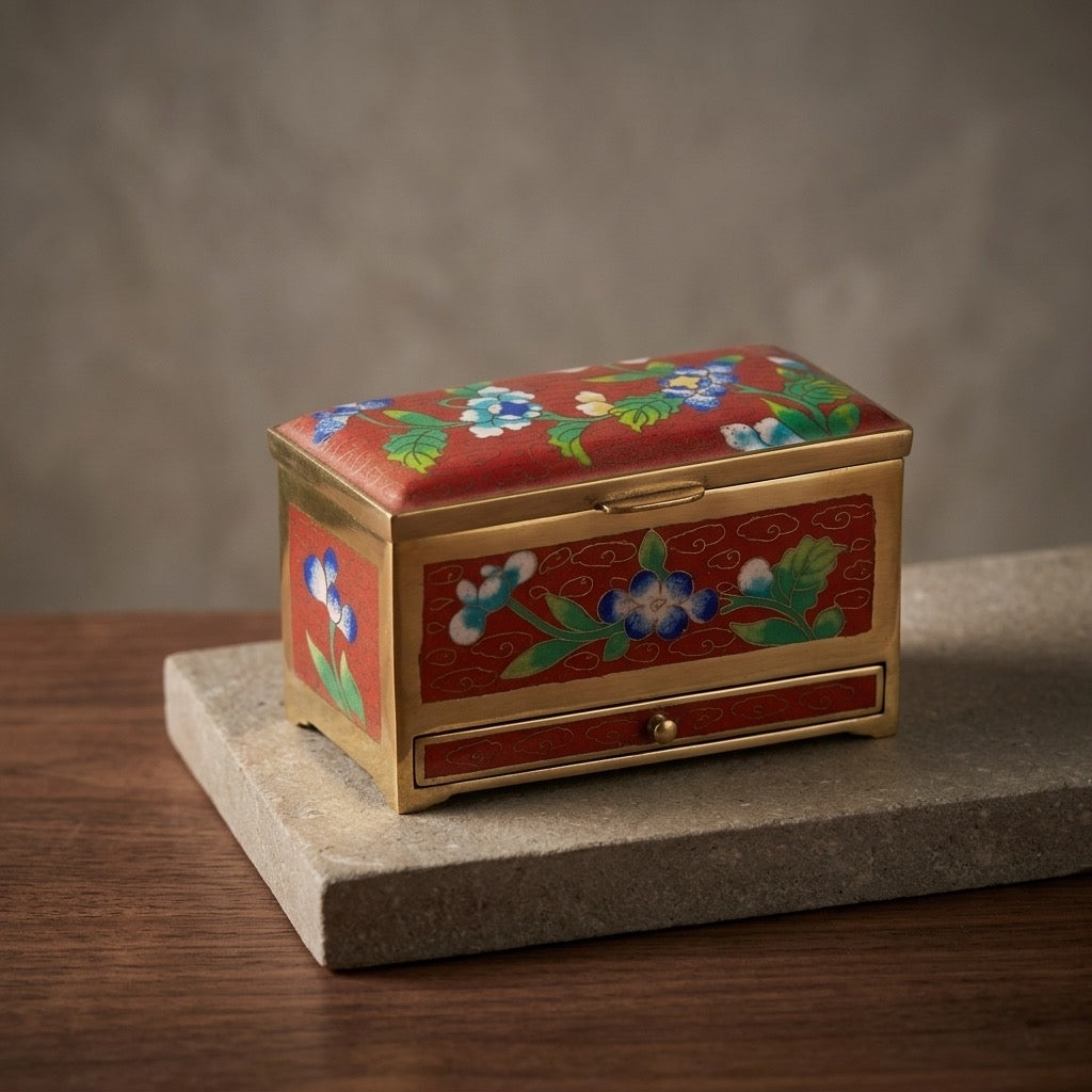 Vintage Chinese Cloisonné Red Enamel Floral Trinket Box — Brass Hinged Lid — detail view
