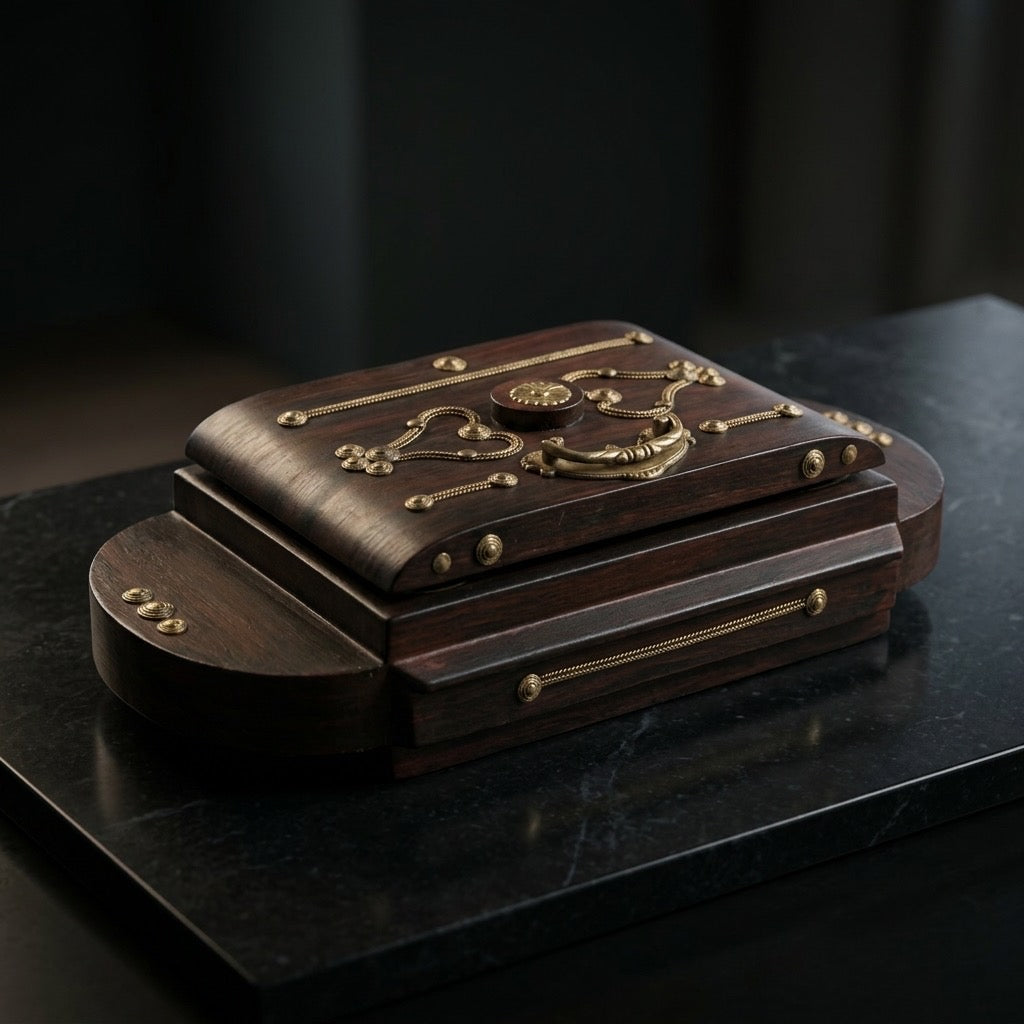 Vintage Wooden Casket-Style Keepsake Box — Brass Filigree — detail view