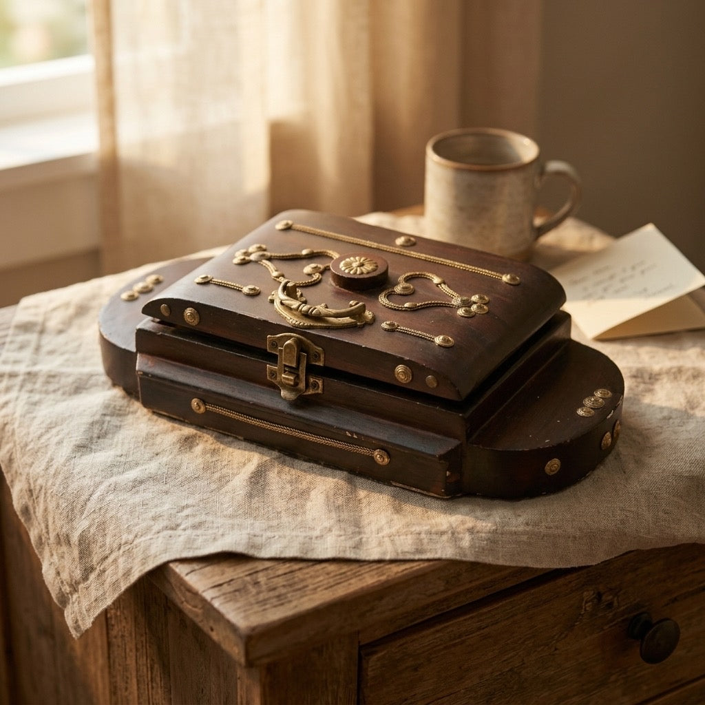 Vintage Wooden Casket-Style Keepsake Box — Brass Filigree — main view