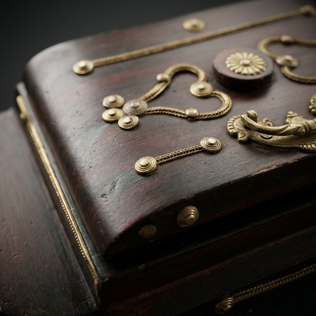 Vintage Wooden Casket-Style Keepsake Box — Brass Filigree — detail view
