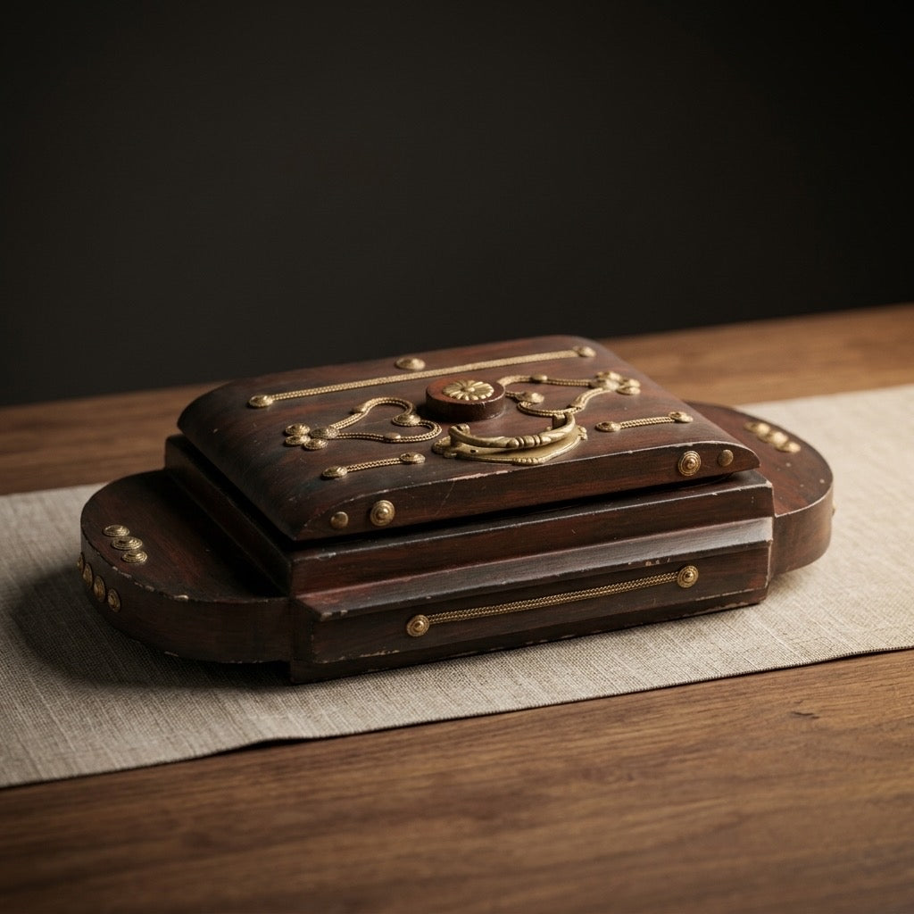 Vintage Wooden Casket-Style Keepsake Box — Brass Filigree — detail view