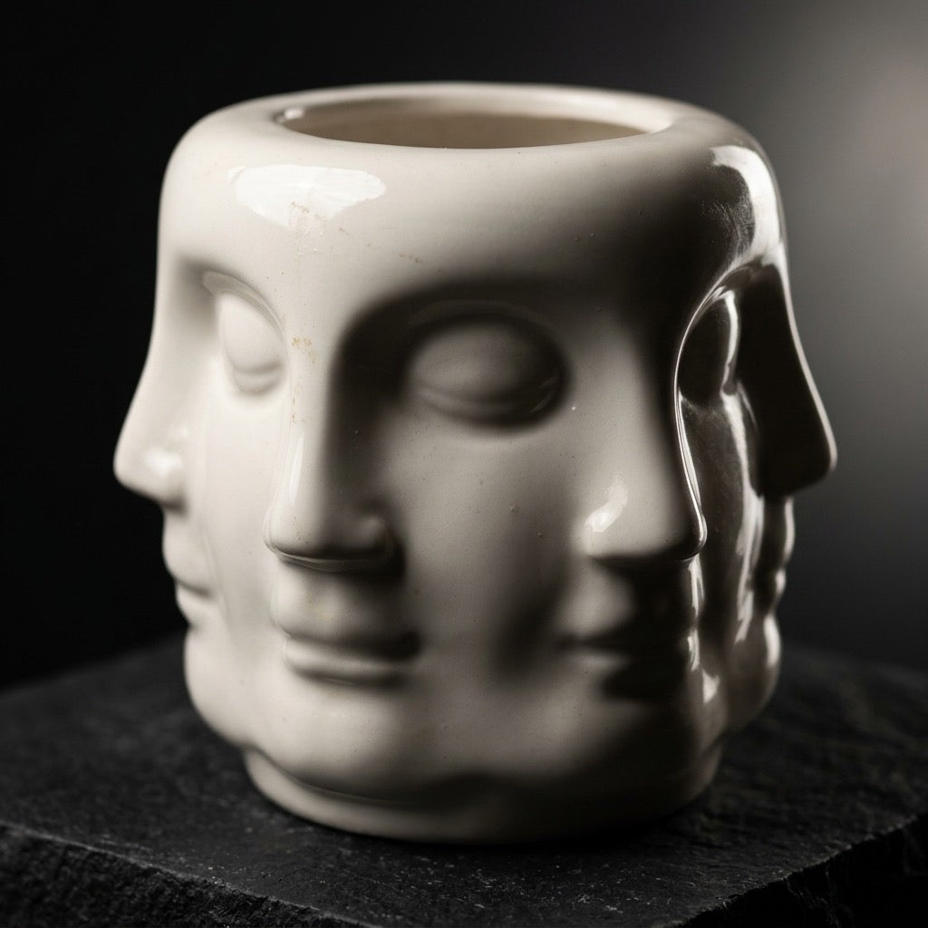 Vintage Fornasetti Style Perpetual Face Ceramic Vase — Surrealist Art Pot — main view