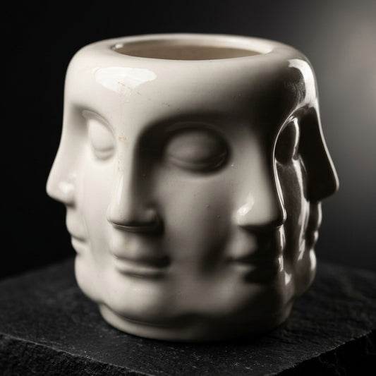 Vintage Fornasetti Style Perpetual Face Ceramic Vase — Surrealist Art Pot — main view