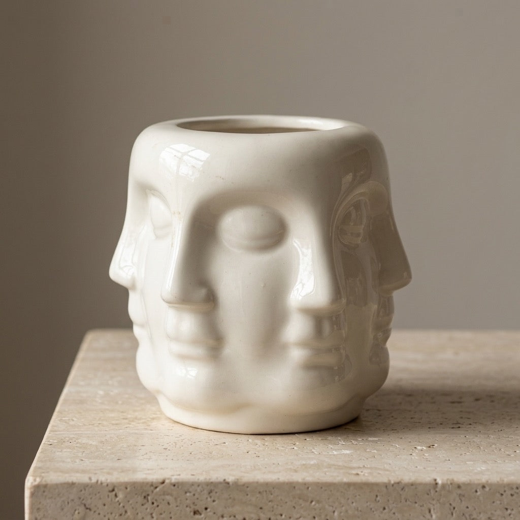 Vintage Fornasetti Style Perpetual Face Ceramic Vase — Surrealist Art Pot — detail view