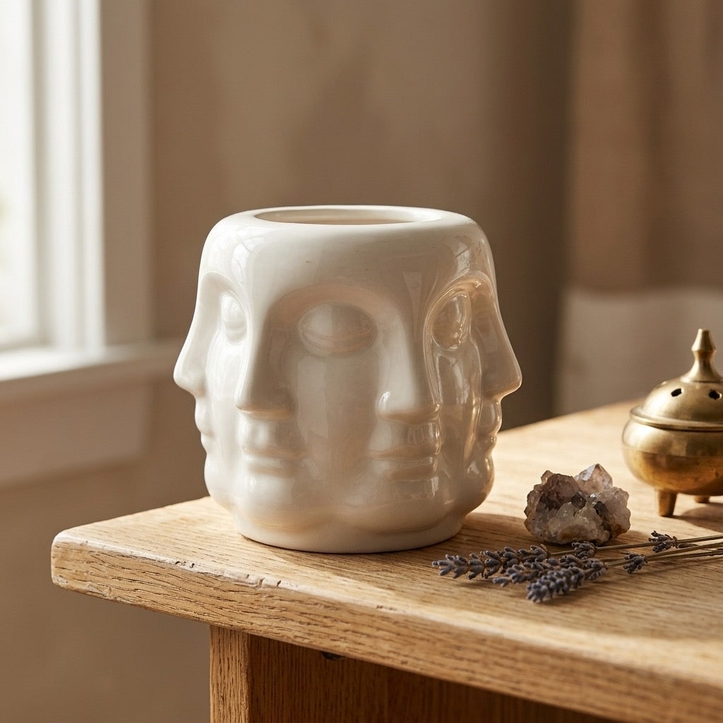 Vintage Fornasetti Style Perpetual Face Ceramic Vase — Surrealist Art Pot — detail view