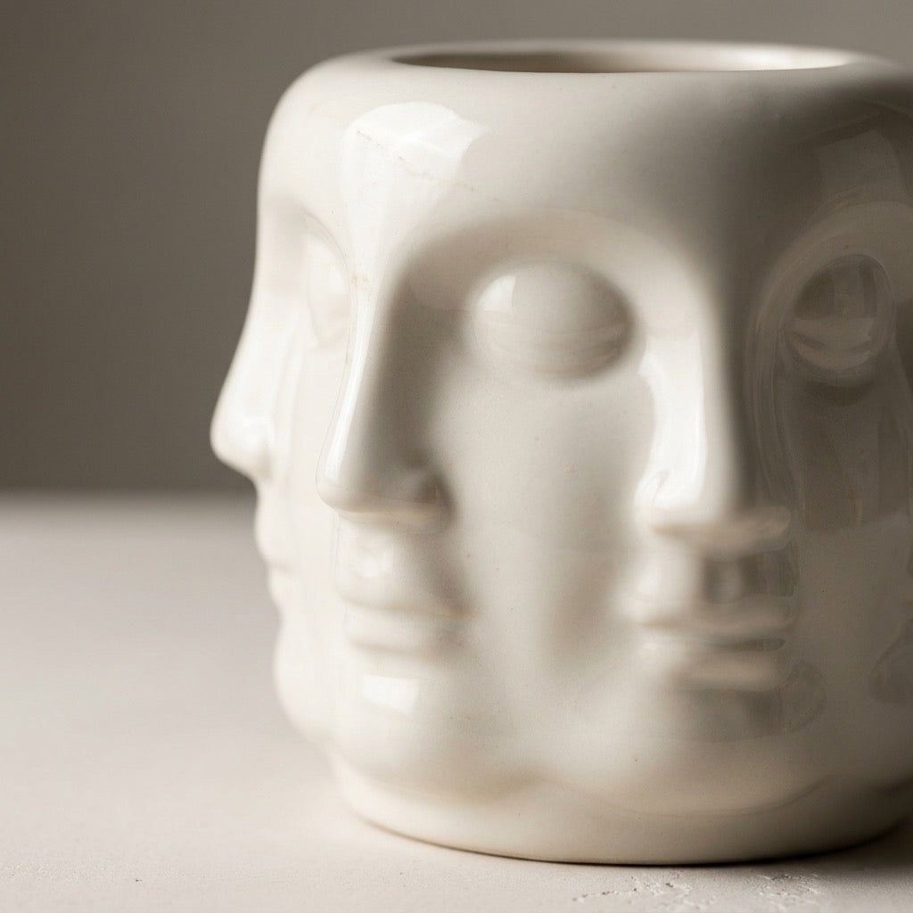 Vintage Fornasetti Style Perpetual Face Ceramic Vase — Surrealist Art Pot — detail view