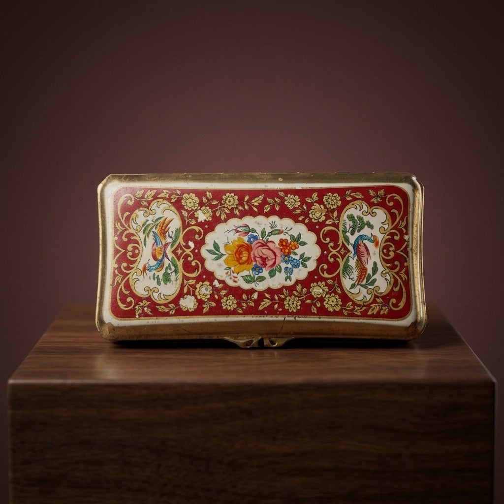 Vintage Stratton England Red & Gold Floral Lipstick Holder Compact — detail view