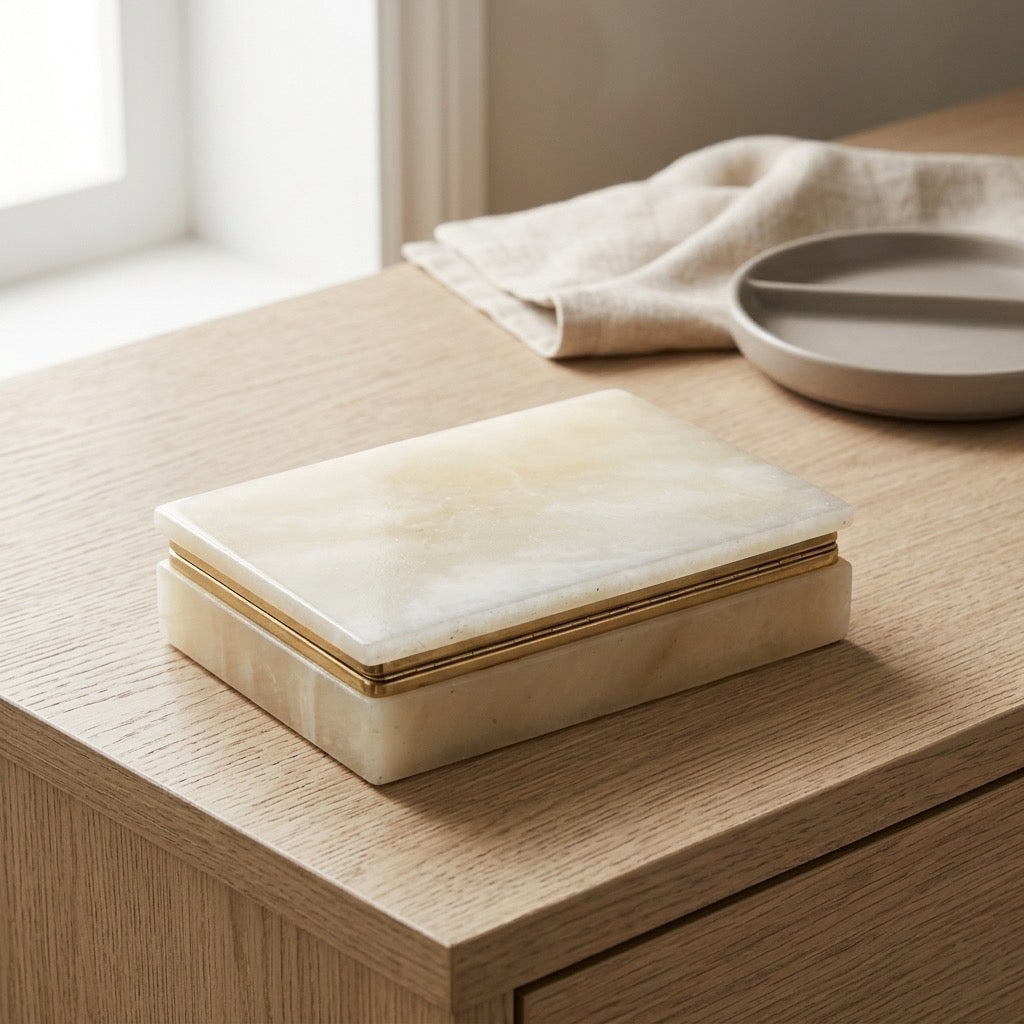 Vintage Italian Genuine Alabaster Rectangular Trinket & Jewelry Box — detail view