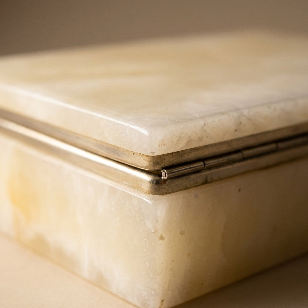 Vintage Italian Genuine Alabaster Rectangular Trinket & Jewelry Box — detail view