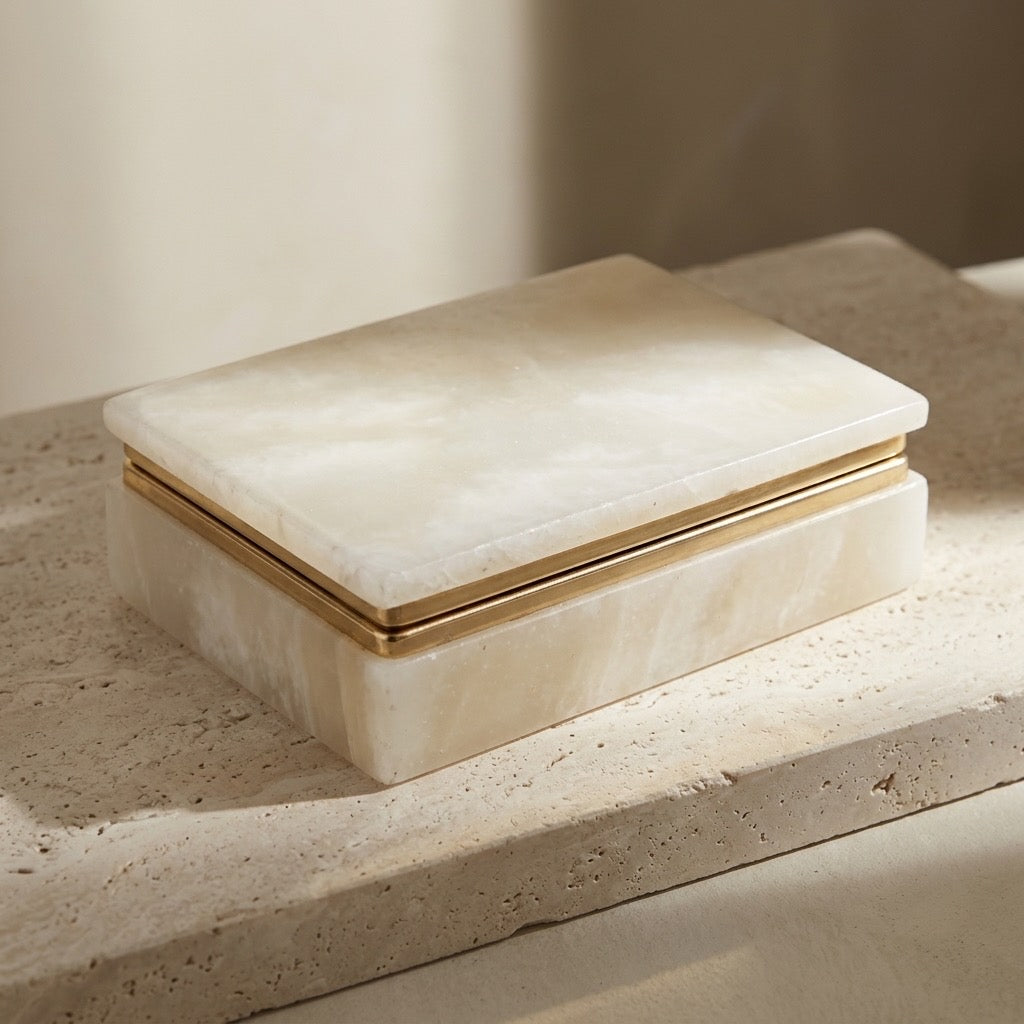 Vintage Italian Genuine Alabaster Rectangular Trinket & Jewelry Box — detail view