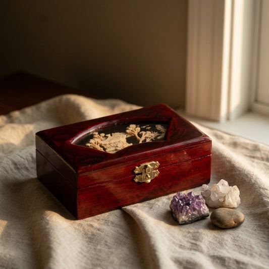 Vintage Chinese Red Lacquer Jewelry Box — 3D Cork Diorama Fan-Shaped Glass Lid — main view