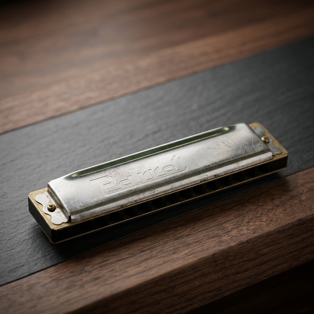Vintage Parrot Tremolo Harmonica — Double Row Folk Instrument — detail view