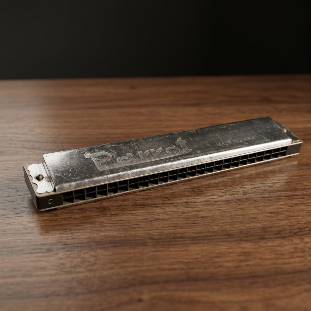 Vintage Parrot Tremolo Harmonica — Double Row Folk Instrument — detail view
