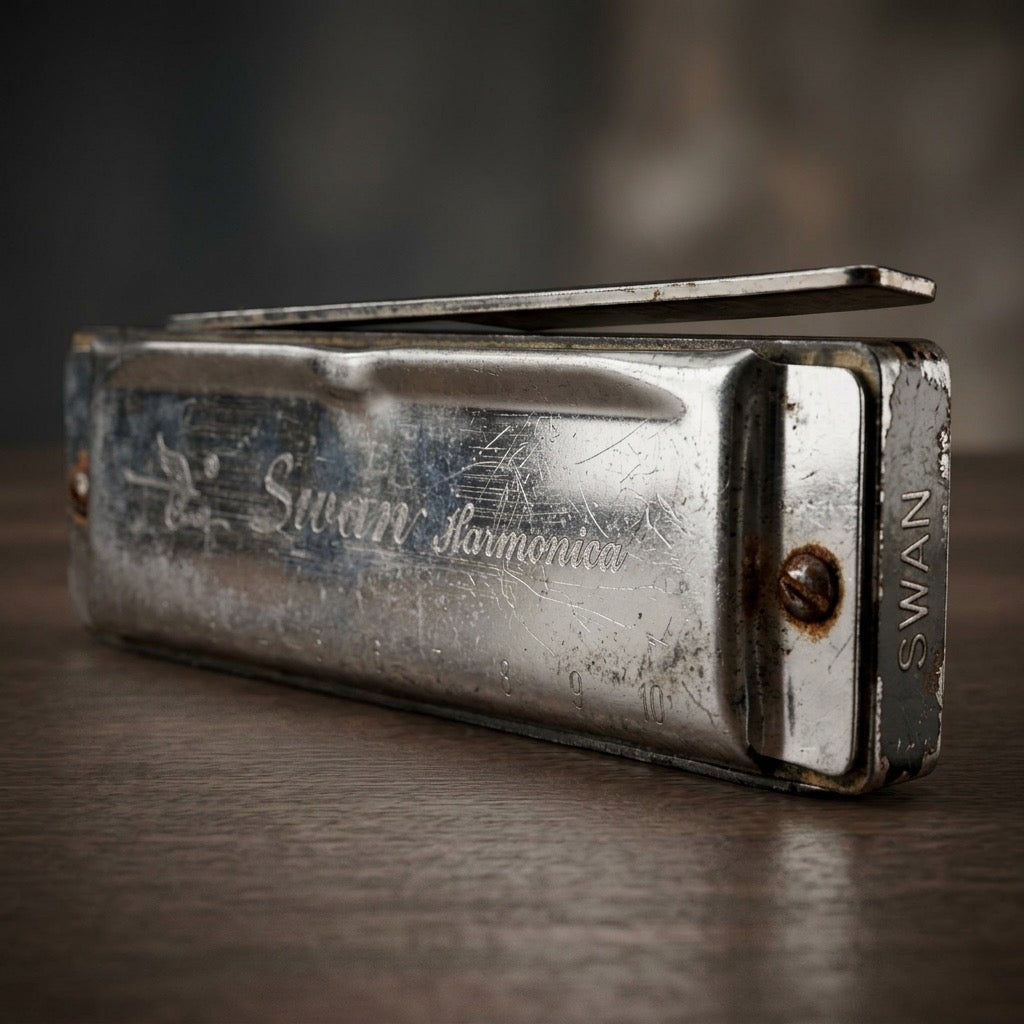 Vintage Swan 10-Hole Diatonic Harmonica — Key of C Blues Harp — detail view