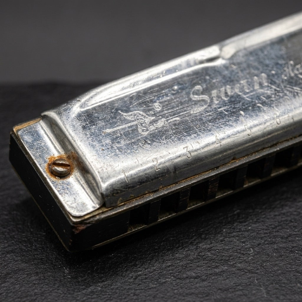 Vintage Swan 10-Hole Diatonic Harmonica — Key of C Blues Harp — detail view