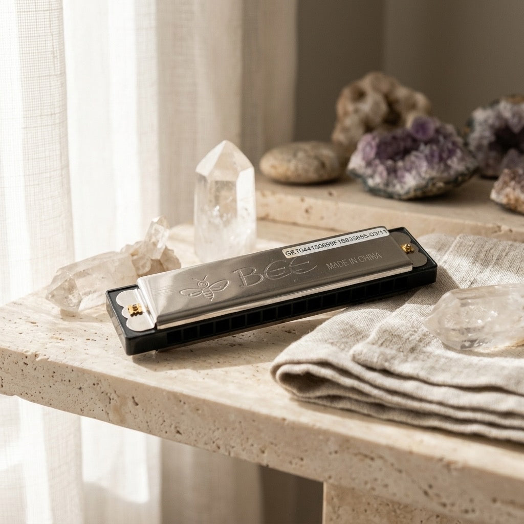 Vintage Bee Brand Harmonica — 10-Hole Folk & Blues Instrument — detail view
