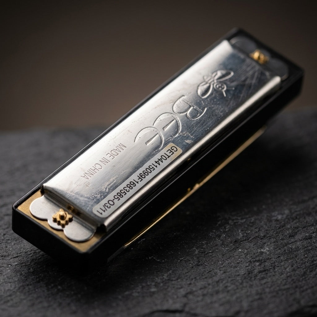 Vintage Bee Brand Harmonica — 10-Hole Folk & Blues Instrument — detail view