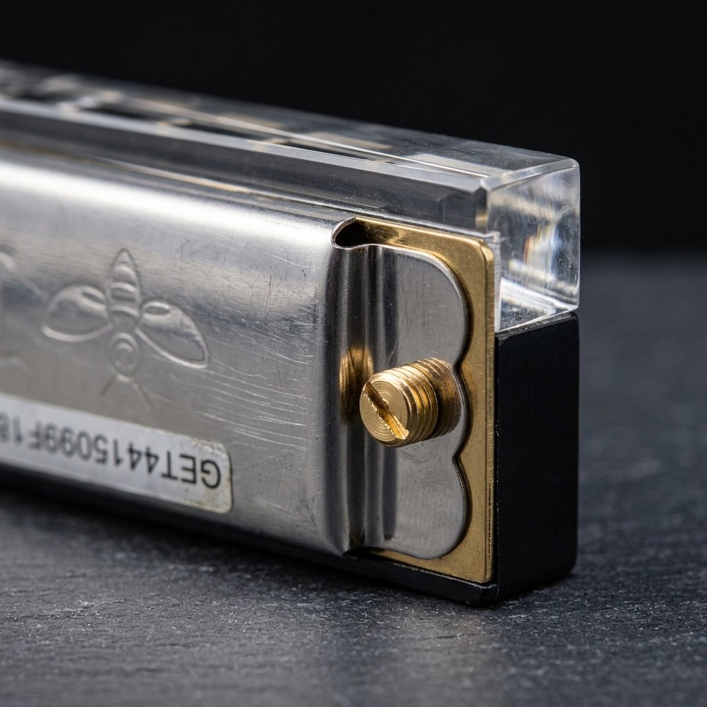 Vintage Bee Brand Harmonica — 10-Hole Folk & Blues Instrument — detail view
